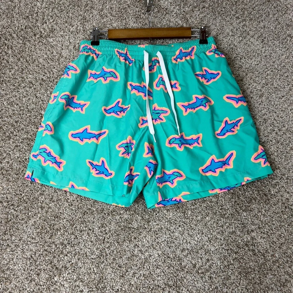 Chubbies Mens Teal Neon Hammerhead Shark Print Swim Trunks 5.5 Inch Inseam Large
